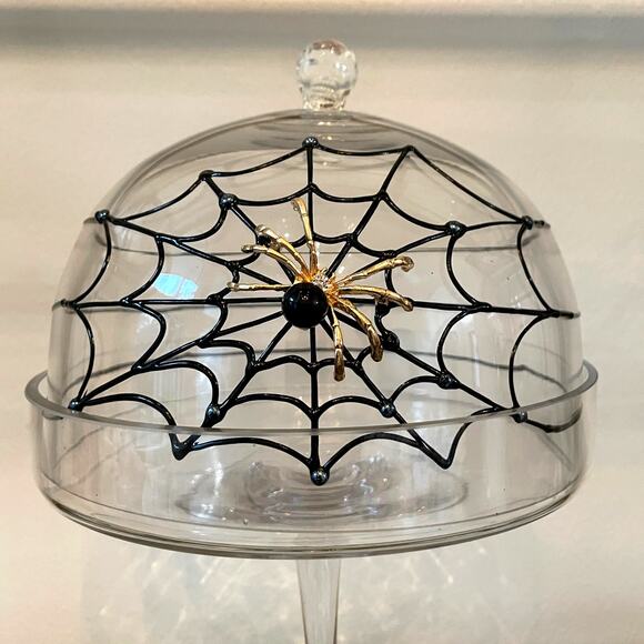 Gorgeous Halloween Glass Cloche 15in Jeweled Spider on Web Cake Dome Pedestal - Picture 3 of 10